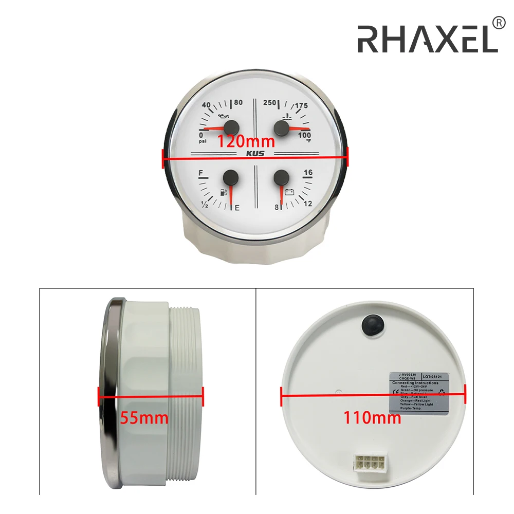 RHAXEL 2 Gauge kit 110mm Speedometer GPS 200km/h 4in1 Fuel Level Water Temp. 100-250℉ Oil Pressure Voltmeter 12V for Car