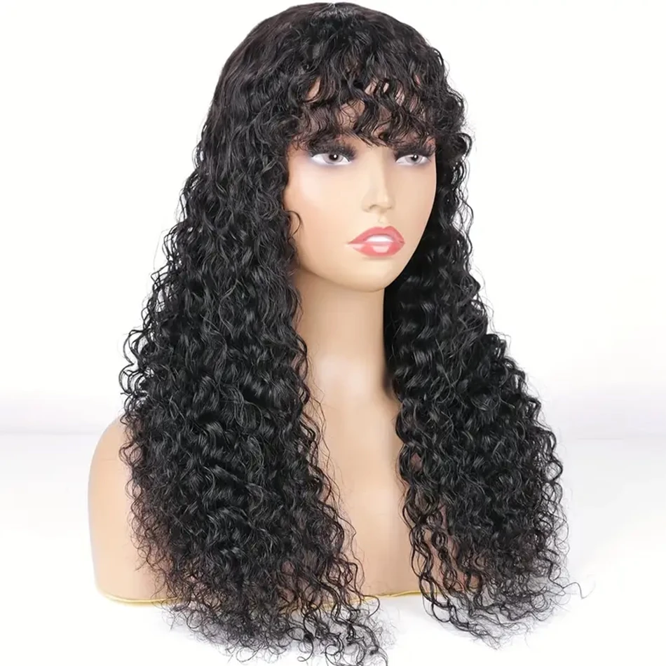 Glueless Water Wave Wig With Bangs Black Women's Human Hair Wig Without Glue Fully Machine Made Wig With Bangs Kinky Curly Wig