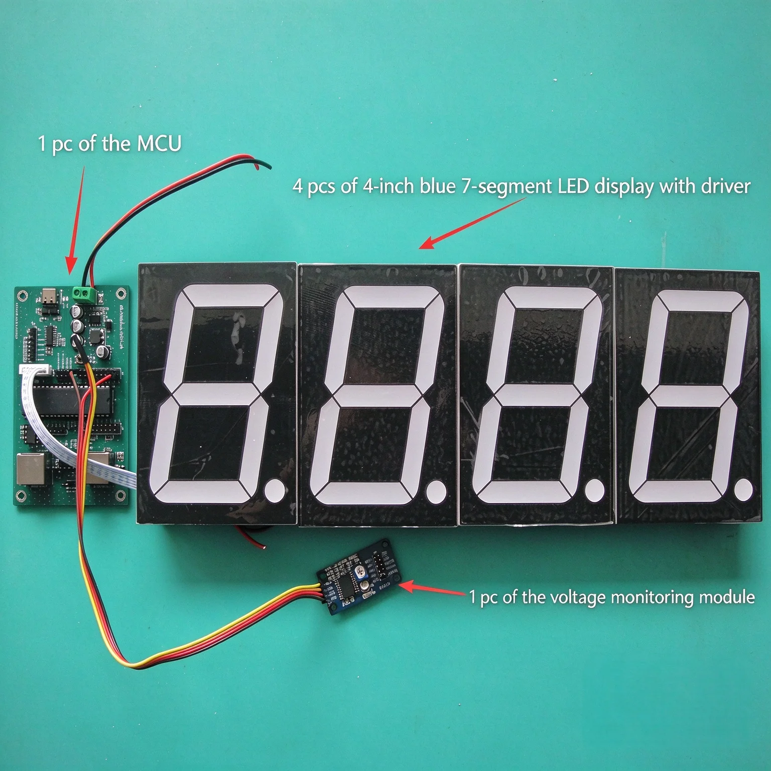 High Quality 4 Inch Blue 7-Segment LED Digital Display with driver 4Pcs/Lot and 1pc of MCU and separate 0‑10V voltage monitoring