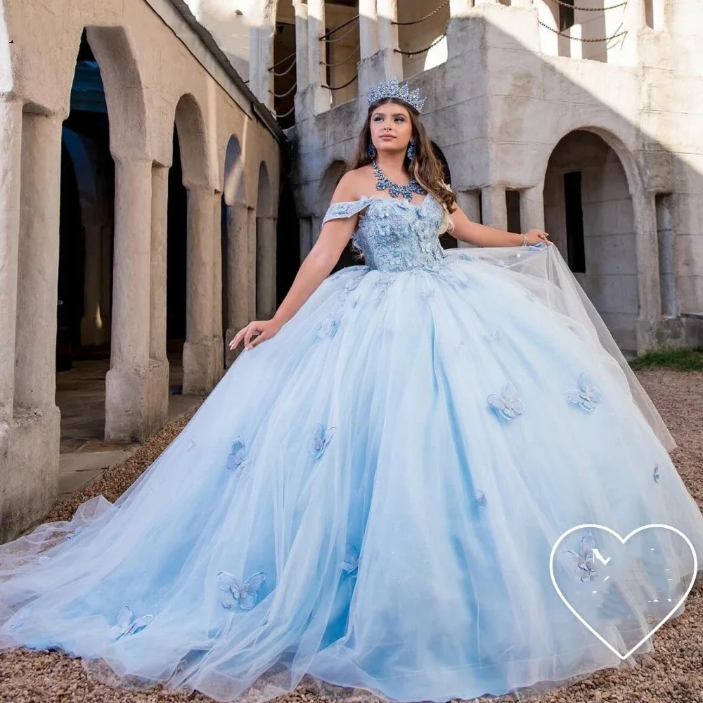 ANGELSBRIDEP gaun pesta biru langit putri gaun Quinceanera bahu terbuka 3D korset renda kupu-kupu Vestidos De 15 Quinceanera