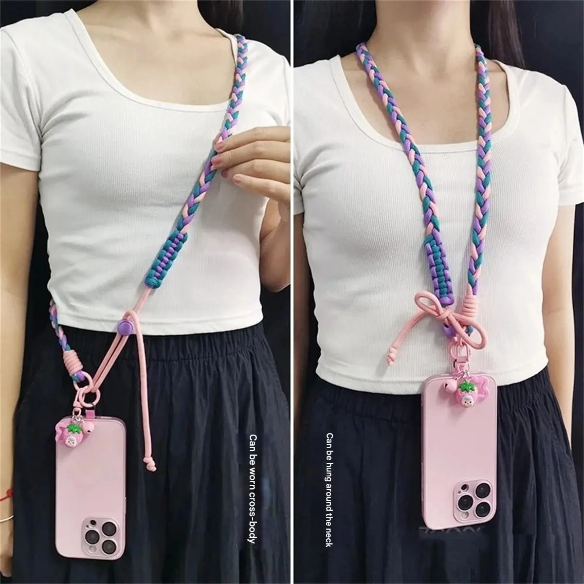 

Fashionable ponytail braided mobile phone lanyard can be carried across the body for a long time. It has a strong metal hook and