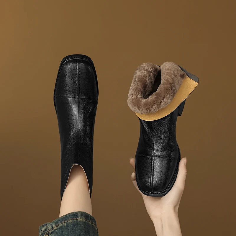 2026 new autumn winter women ankle boots natural leather plus size 22-25cm sheepskin+wool thick heel back zip short boots