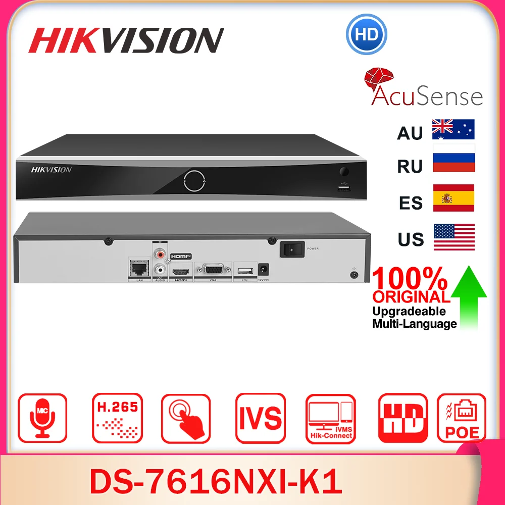 Hikvision Network Video Recorder DS-7616NXI-K1 4K 1U 16CH NO POE Acusense 1SATA NVR 8MP AI By Camera/NVR MD2.0 Surveillance