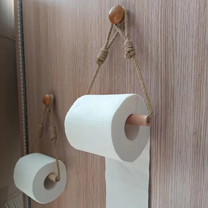 1 Stück Badezimmer-Toilettenpapierhalter Wandmontierter Rustikaler Hanfseil- und Holzstab-Toilettenpapierhalter Dekorativ