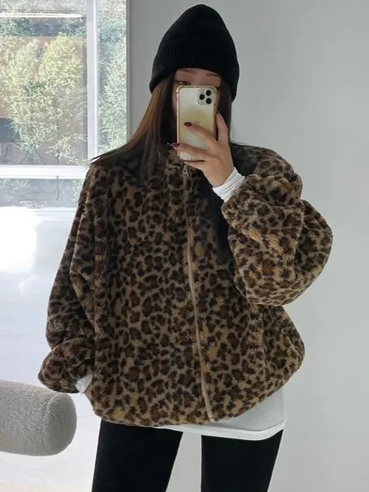 

Winter Faionable Stand Collar Leopard Print Lamb Fur Jaet Dstring Loose Versatile Warm Design Women's Coat Zipper Closure
