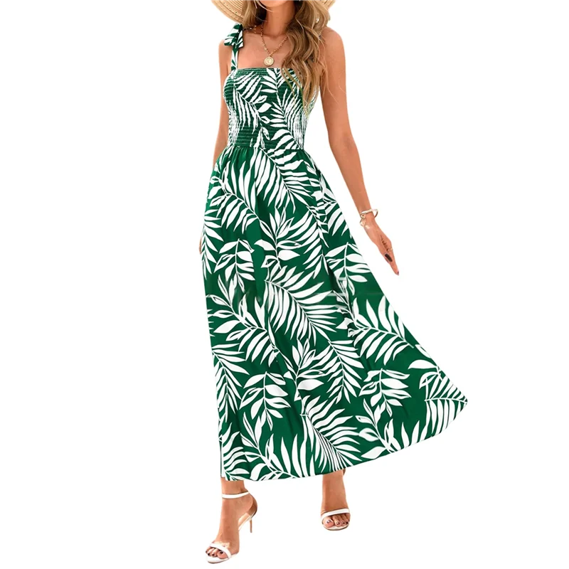 A83F-Womens Summer Dresses Floral Sleeveless Smocked Maxi Dress Boho Spaghetti Strap A Line Flowy Beach Long Sundress