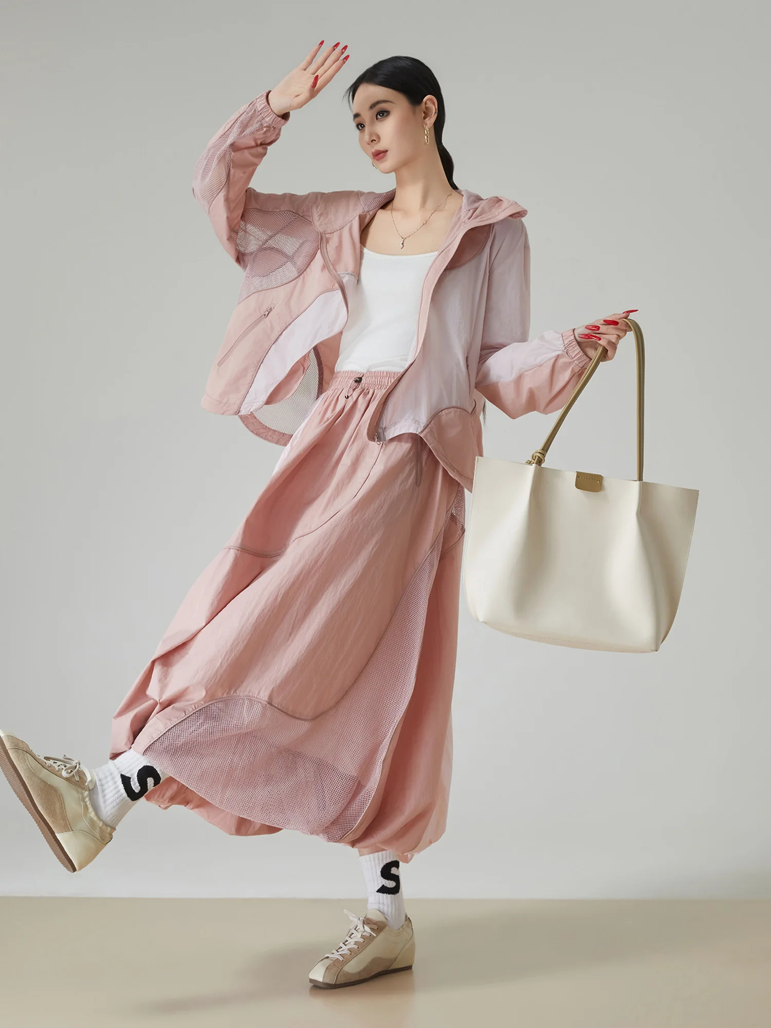 

Pink Outdoor Workwear Sle Sportive Set Women Design Sense Patchwork Hooded Sun Protection Jaet f Skirt Two Piece Set