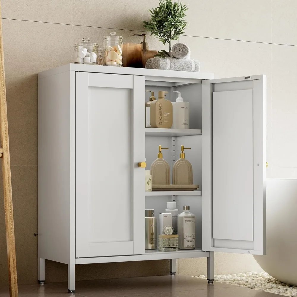 

Bathroom Floor Storage Cabinet,31.5" H Metal Locker, Small White Cabinets with 2 Adjustable Shelves & 4 Doors,Freestanding Sideb