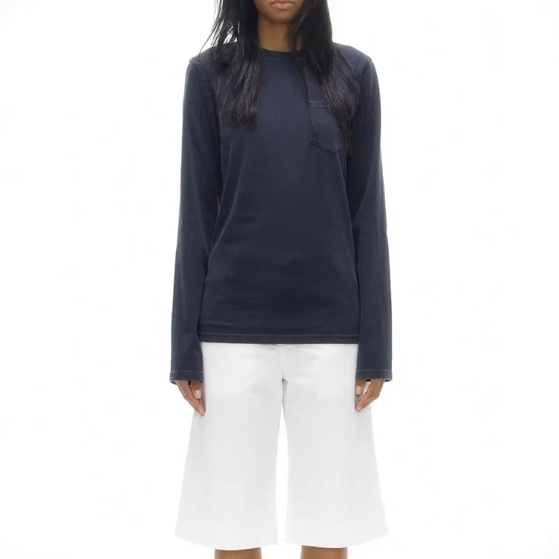 Retro niche round-neck long-sleeved straight-cut pure cotton T-shirt with distressed wash, women's top