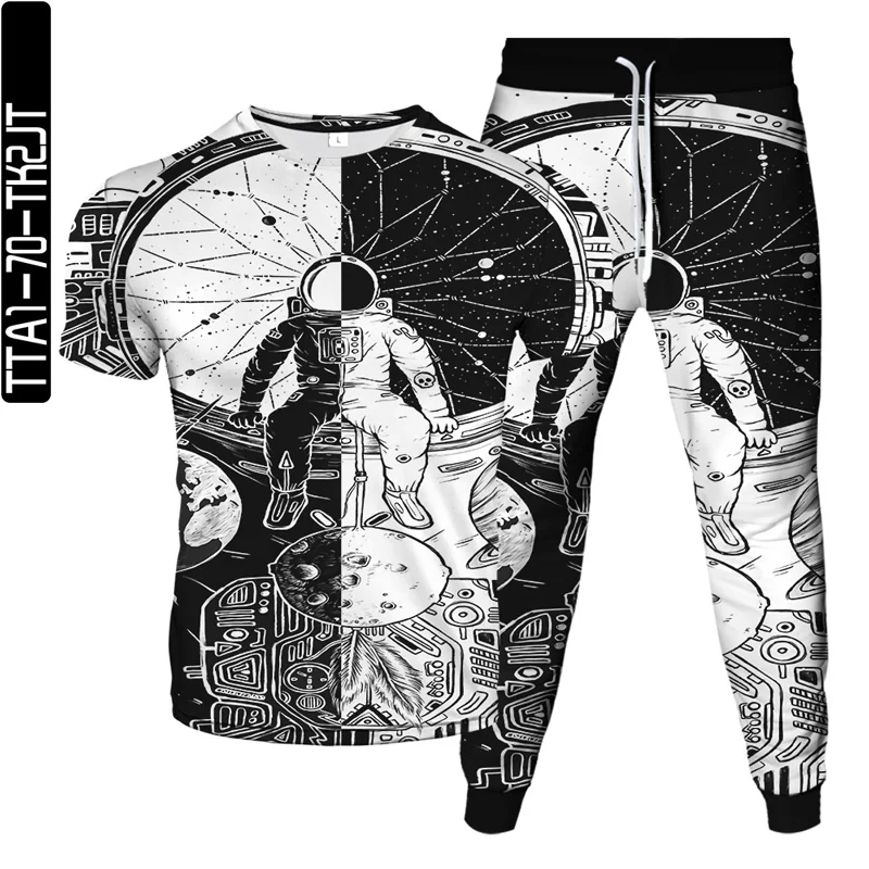 T-Shirt+Jogging Long Pants 2pcs Clothing Suit Astronaut Clean Galaxy Moon Planet Print Mens Harajuku Tracksuit Homme Oversized