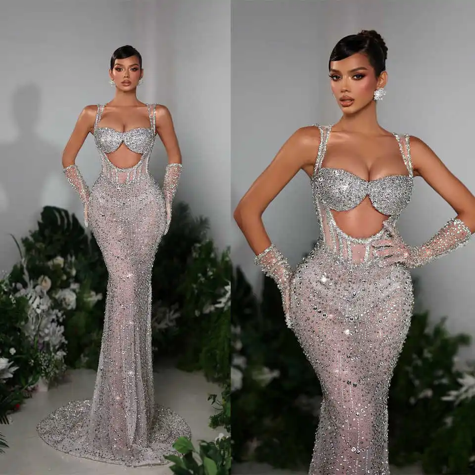 Sexy Mermaid Gown Wedding Dresses Spaghetti Strap Rhinestones Evening Dresses Special Occasion Gowns Vestido De Noiva Customized