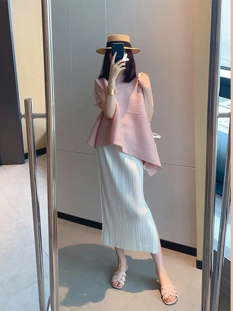 

Свободный женский летний новый дизайн, однотонный асимметричный плиссированный топ, французский комплект Sle Faion, полиэфирная ткань