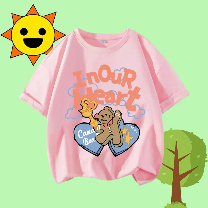 

children's round-neck short-sleeved cartoon print 2025 new trendy teddy bear summer T-shirt for boys, girls, kids' casual top,