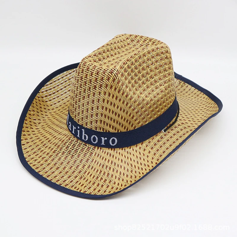 Men Retro Western Cowboy Summer Straw For Sun Hat Wide Curly Brim Letters Printe