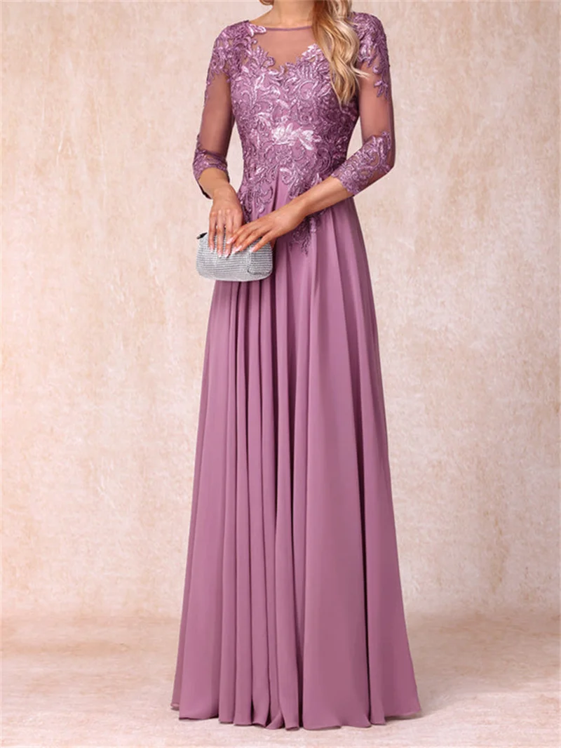 A-Line Sheer Neck  3/4 Sleeves Long Formal Evening Dresses With Sequins & Appliques Mother'S Dress For Wedding Party Occasions