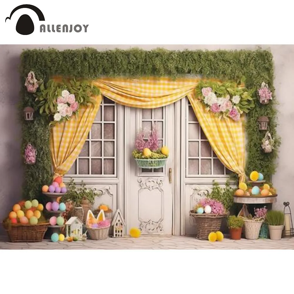 Allenjoy Easter Eggs Photo Booth Backdrop Spring Pastoral Decorations Pink Flowers Yellow Curtains Photoshoot Background