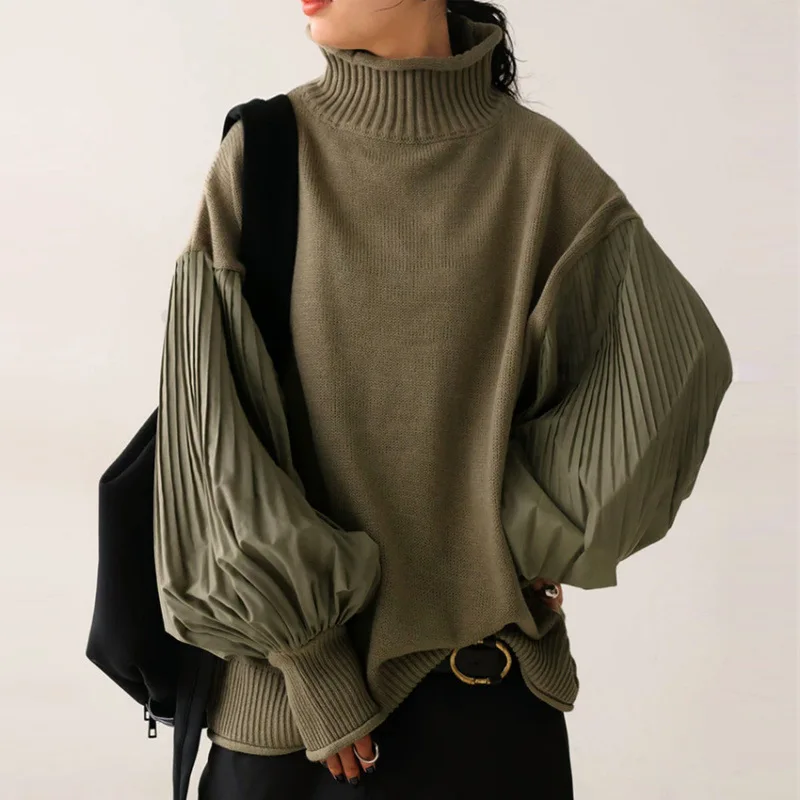 

Elegant Turtleneck Sweater Patchwork Ruffled Sleeves Loose Casual Knit Sweater Coat Autumn And Winter Temperament Women's Wear