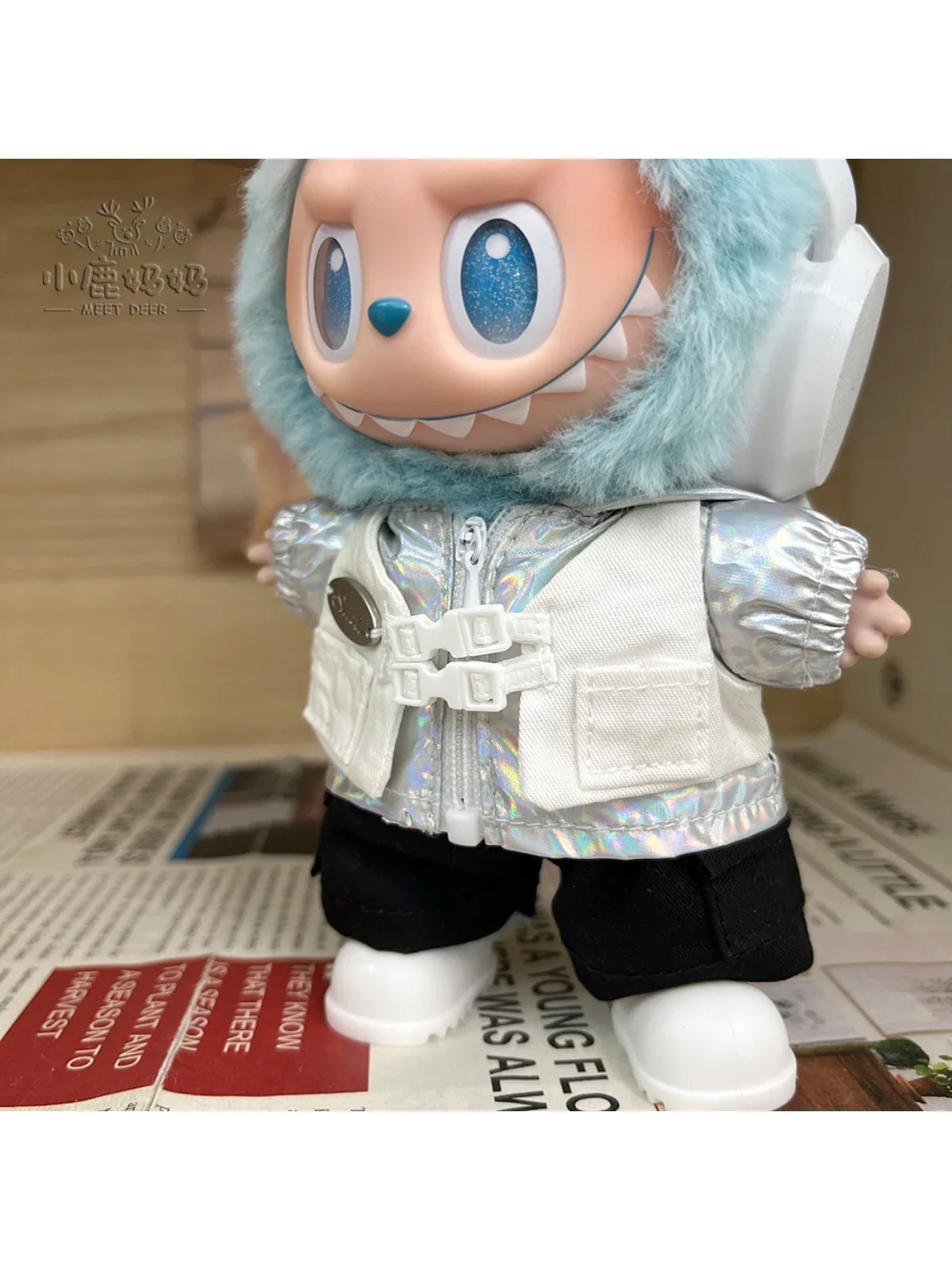 

100% подлинный крутой наряд с высокой энергией, серебряный наряд с макаронами Hope Ahead для Labubu 1/2/3 Gen, виниловый комбинезон для куклы, модный комплект