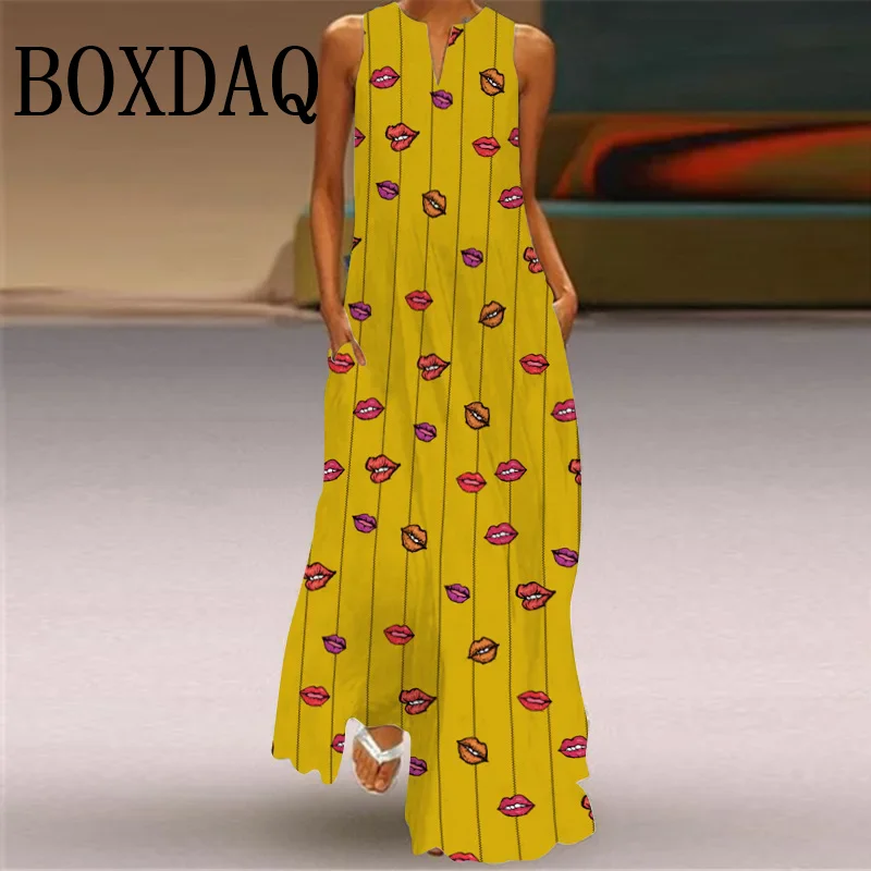 Frauen Herz Druck Kleider Sexy Ärmellose V-ausschnitt Sommer Boho Strand Party Kleid Sommerkleid Casual EINE Linie Lose Lange Maxi Kleid Robe