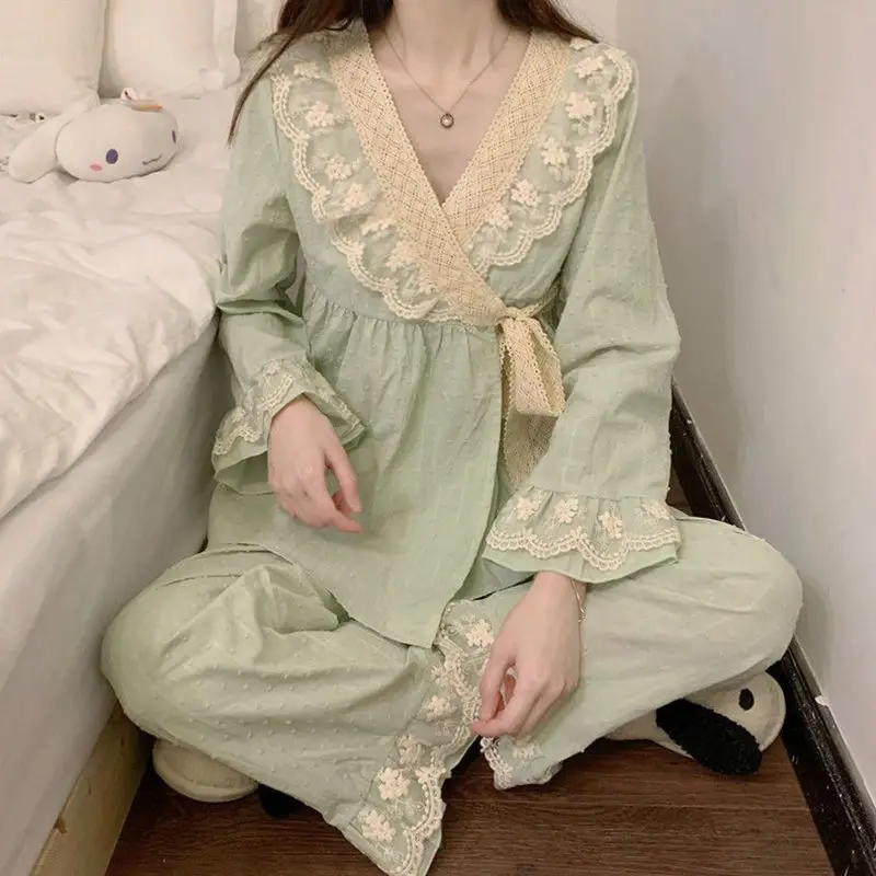 Pajama Sets Women Princess Sweet Lace Chic Lace-up Sleepwear for Girls Korean Fashion Autumn New Pajamas Aesthetic Home Clothing