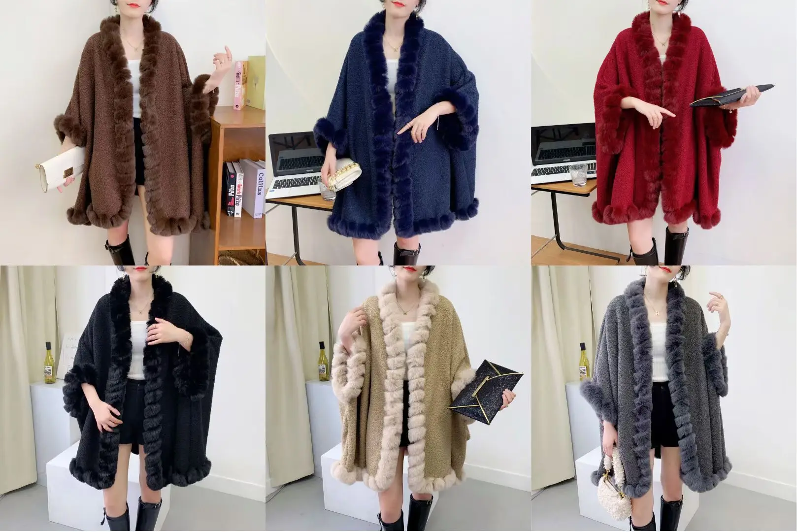 Women's Thick Long Poncho Shawl Coat, Outdoor Capes, Black Granular Velvet Holes, Fur Sleeves, Collar Cloak, Winter, 6 Colors