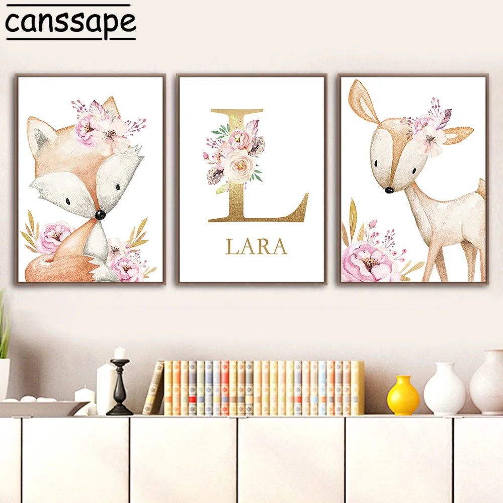 Woodland Animals Poster Print Nursery Canvas Painting Custom Name Wall Posters Nordic Wall Pictures For Girl Bedroom Decoration