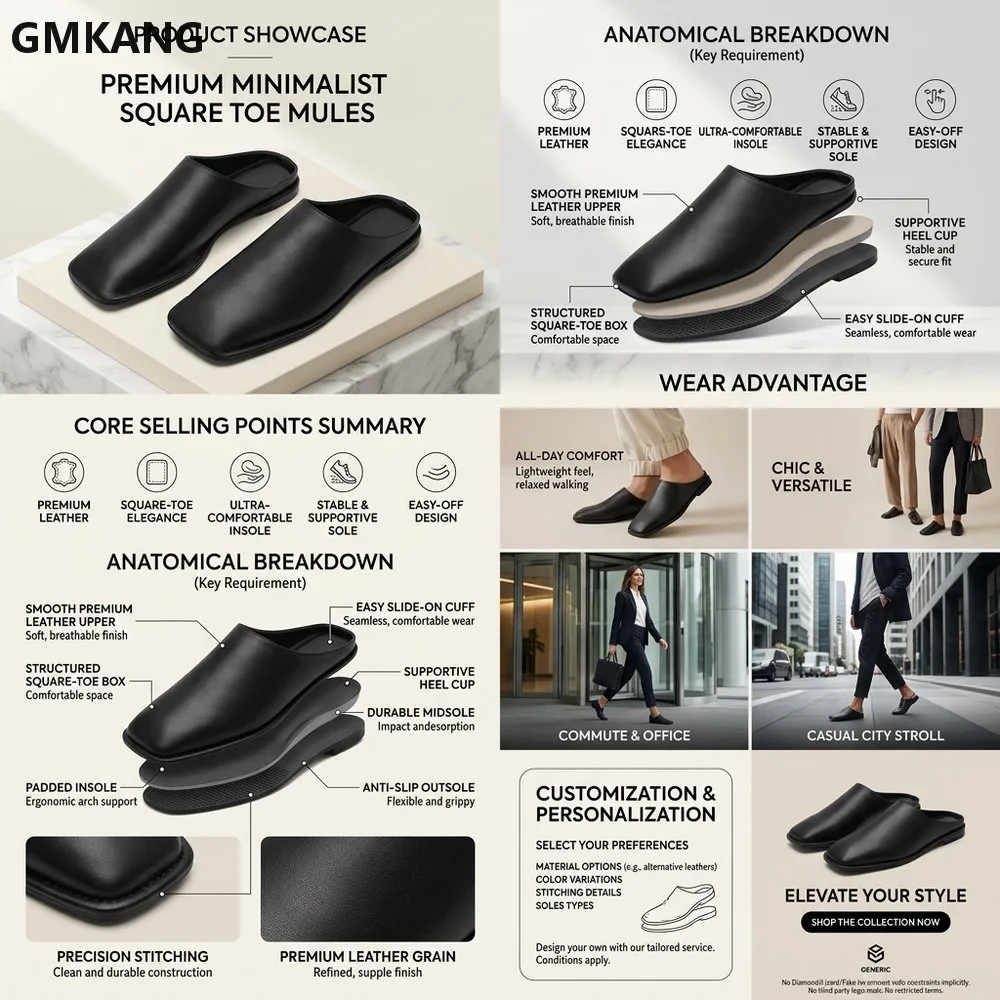 Suede Leather Flat Slippers Women Square Toe Mules Comfortable Casual Outdoor Holiday Half Slides GMKANG