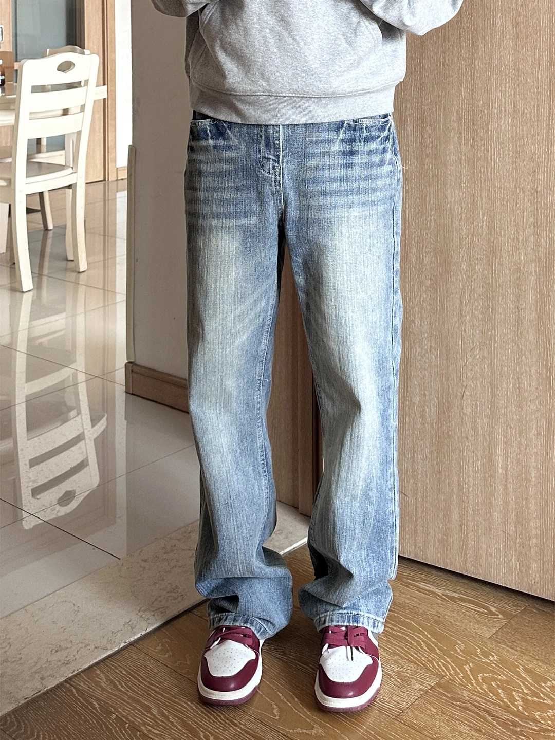 

Light Blue Denim Jeans Men's Straight Leg Waed Knife Slimming Flared Pants Bamboo Fiber Thunder Pattern CleanFit