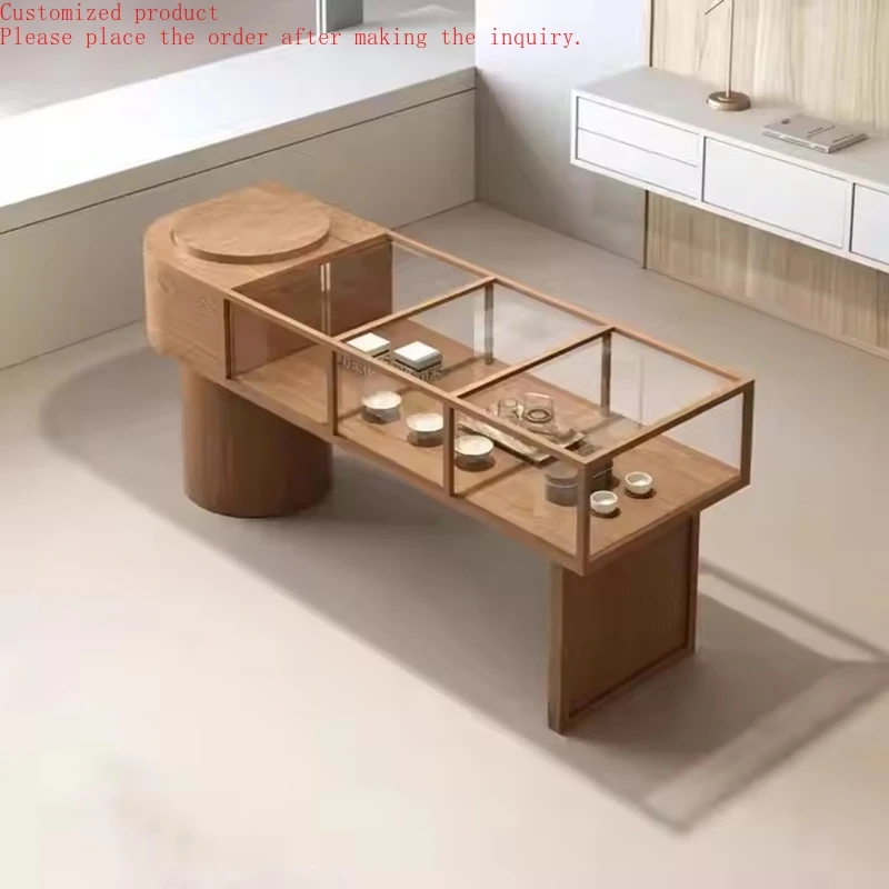 

Custom.Minimalist Glass Cabinet Display Case with LED Lighting Wood Showcase for Jewelry Watches Cosmetics