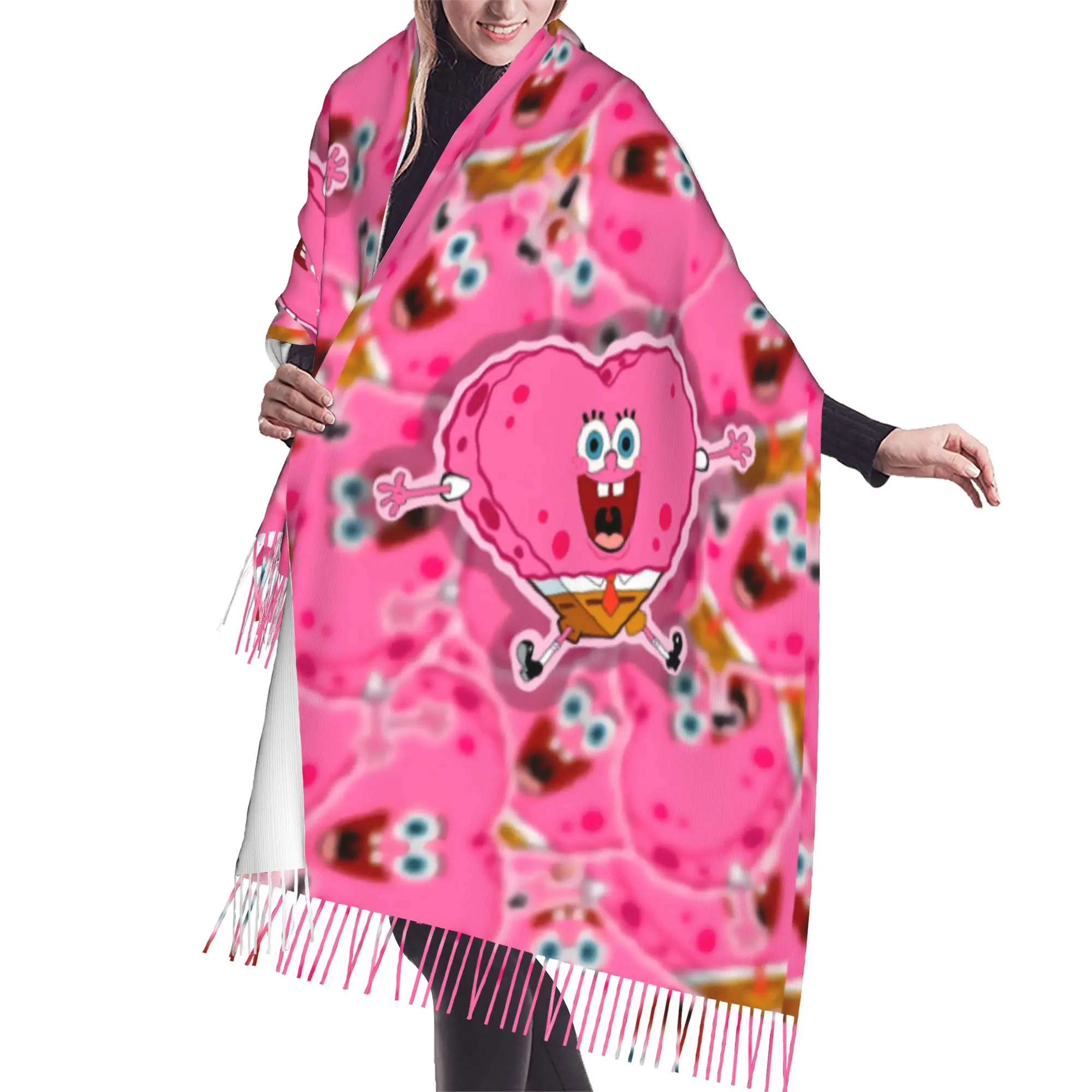 Custom S-Sponges Anime Bobes Scarf Wrap for Women Long Winter Warm Tassel Shawl Unisex Starfish Cartoon Scarves