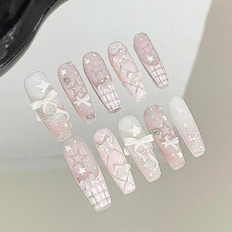 

10pcs Cute Lace French Handmade Press on Nails Simple Grid 3D Bow Design Fake Nails Full Cover Ballet Wearable False Nails Tips