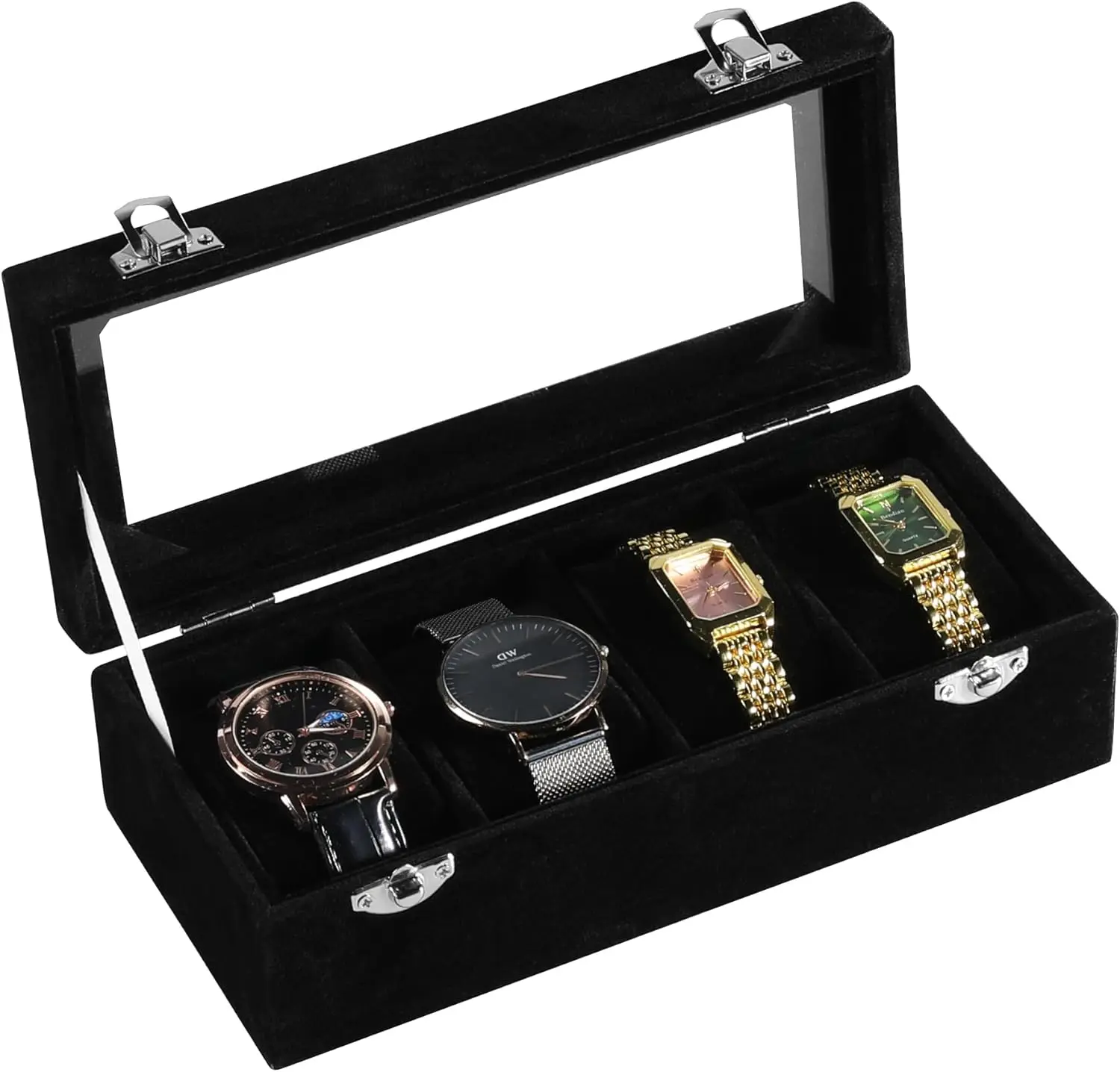 

Watch Box with Glass Lid, 4-Slot Velvet Watch Organizer for Men and Women, Lockable Storage Display Case Ideal Gift