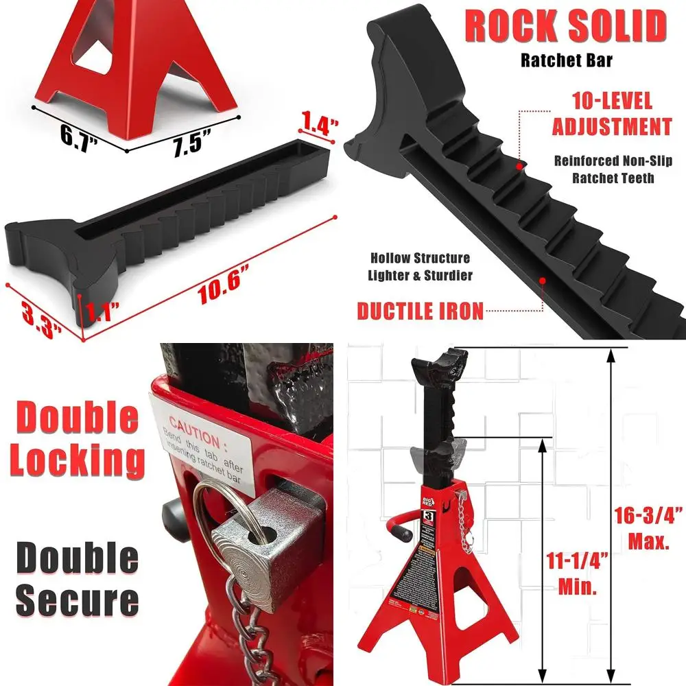 

Двойные стальные подставки-опоры с двойной блокировкой: грузоподъемность 3 тонны, красные, 1 пара