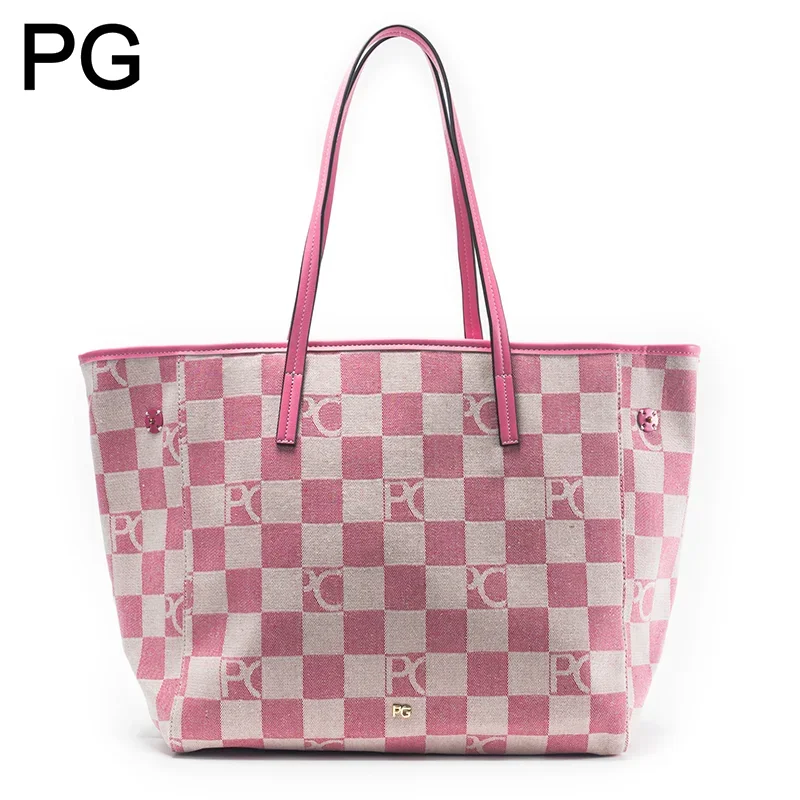 PG Retro Womens Checkered Tote Bag Monogram Canvas Leather Trim Gold Logo Large Capacity Daily Shoulder Handbag