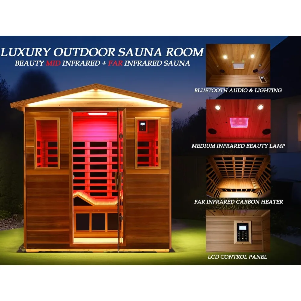 Sauna extérieur infrarouge lointain rouge 93.Ultra faible EMF, 3 hypothèques avec siège ergonomique, lampe beauté mi-IR, 1950 W, 7 infrarouge carbone