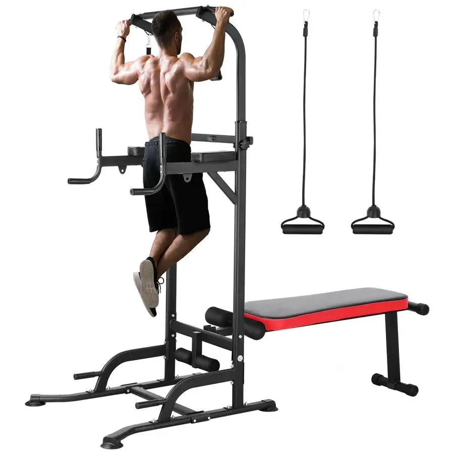 Power Tower with Bench, Pull Up Bar Stand, Dip Bar w Folding Bench 4 Ropes Strength Training, MultiFunction Fitness Customizable