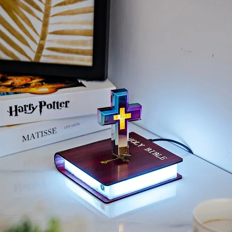 New art piece Jesus Blessing Light Luxury Maglev Cross Table Lamp Base Colorful Light Transformation Starry Sky Book Base Gift