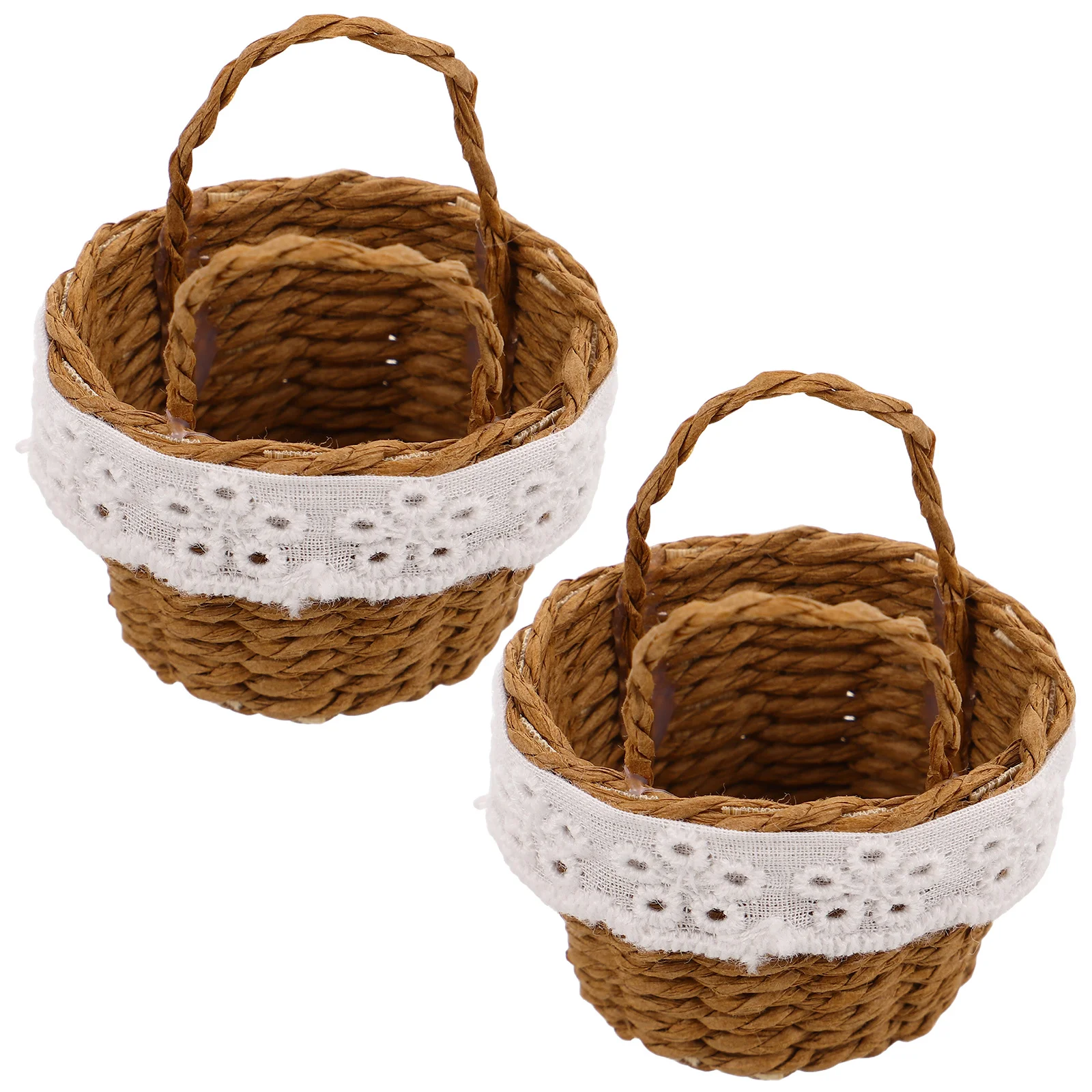 

2 Pcs Children's Woven Flower Basket Handmade Rattan Miniature Toy Handwoven Handheld