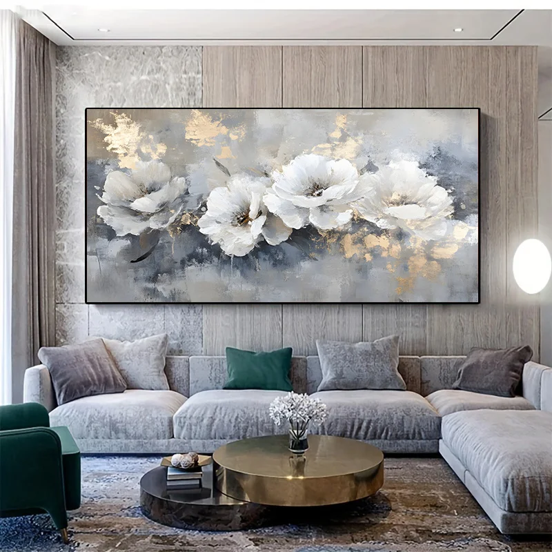 كبير الحديثة مجردة الأبيض الأزهار قماش جدار الفن لا الإطار ملصق لغرفة المعيشة ديكور غرفة نوم ، رمادي أزرق خلفية غرفة ديكور #3