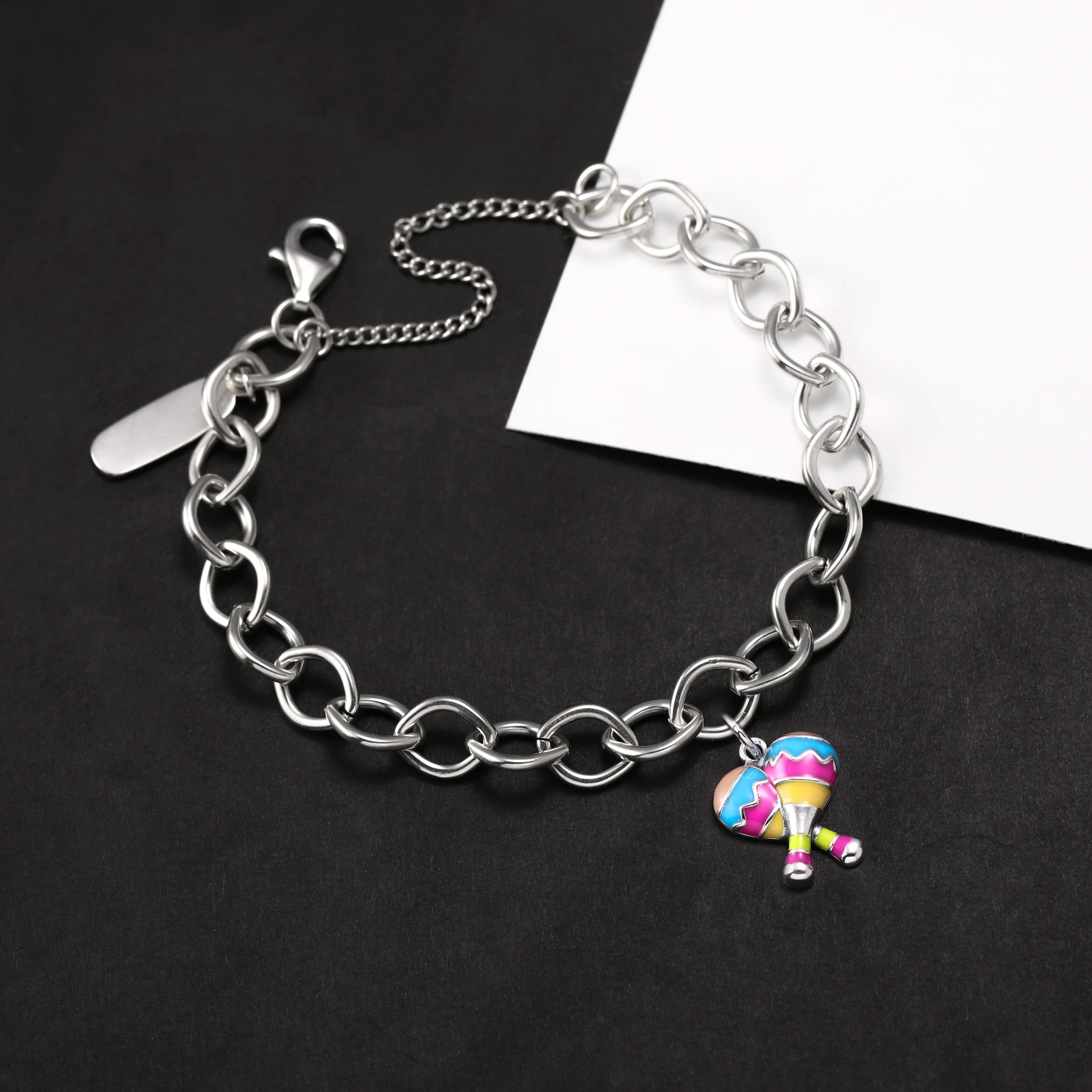 

Genuine 925 sterling silver Forged Link Charm Bracelet paired with Enamel festival sand ball pendant