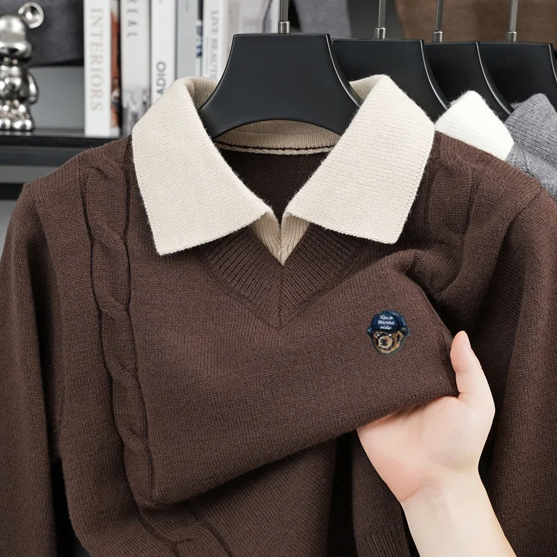 Men's Fake Two Piece Lapel Knitted Sweater Autumn Winter New Arrival Keep Warm Long Sleeved Pullover Solid Color Versatile Tops