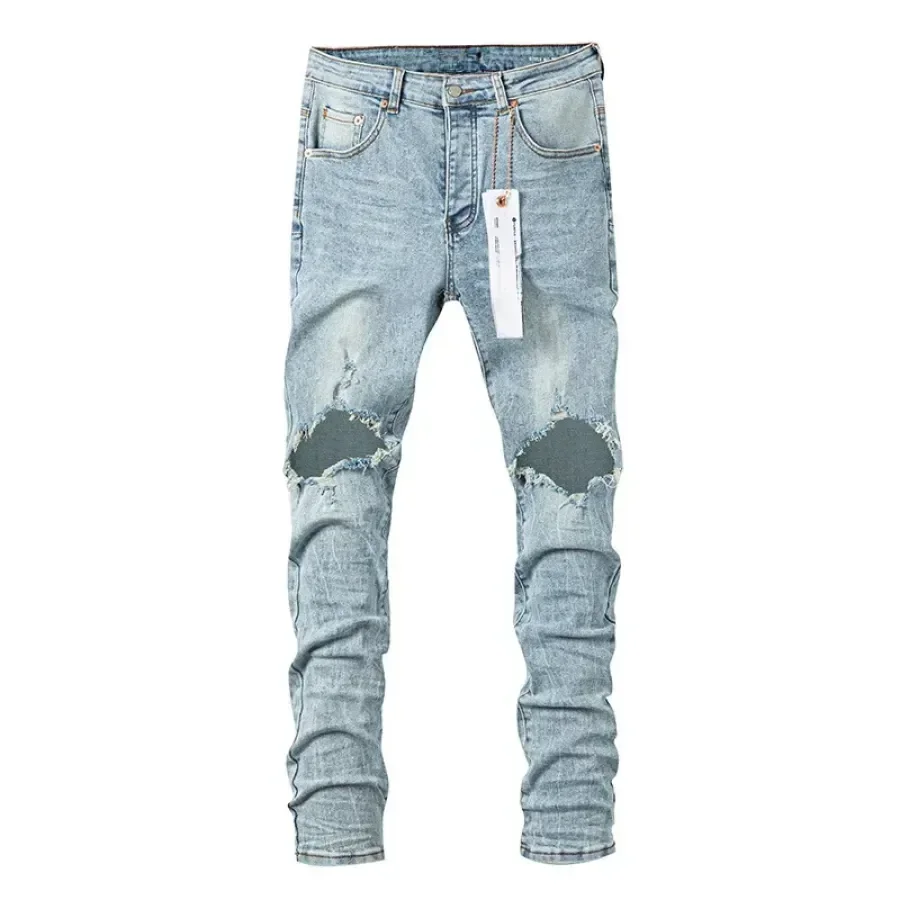 Jeans estilo hip-hop americano masculino, calças justas, púrpura de alta qualidade, tendência com furo, personalidade