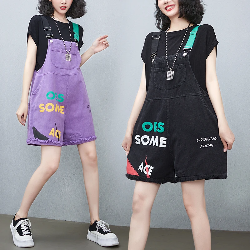 

Slimming Effectiven Summer New Denim Print Bib ort Pants Loose Pants Women Small Stature Pants