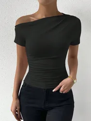 Camiseta de manga corta fruncida con un hombro para mujer, Top informal de moda de verano, Camiseta ajustada de Color sólido, ropa de calle 2024
