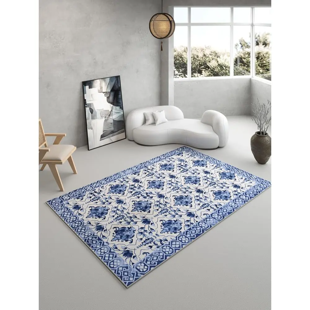

Vintage Blue 5x7 Porcelain-Style Faux Wool Rug - Floral Print, Low Pile, Washable, Non-Slip, Foldable Carpet, Decorative Gift