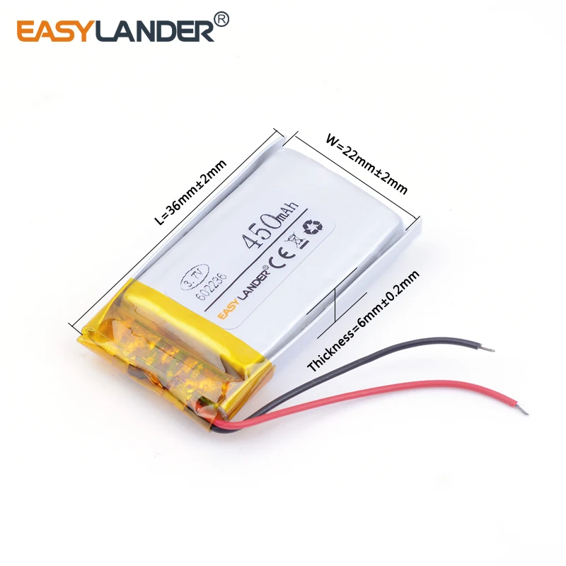 10pcs/Lot 602236 450mah 3.7v lithium Li ion polymer rechargeable battery of CE FCC ROHS certification authority Sports headphone