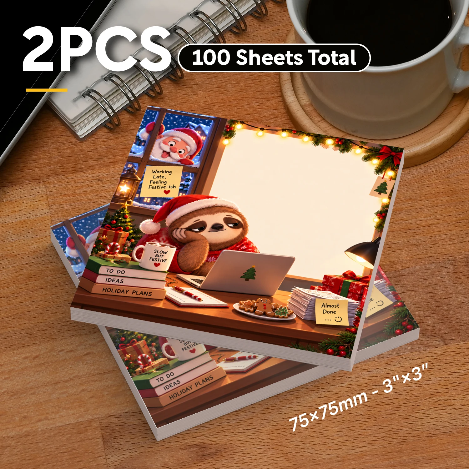 2PCS Christmas Sloth Sticky Notes 100 Sheets Funny Holiday Office Memo Pads Writing Notes Work School Stationery