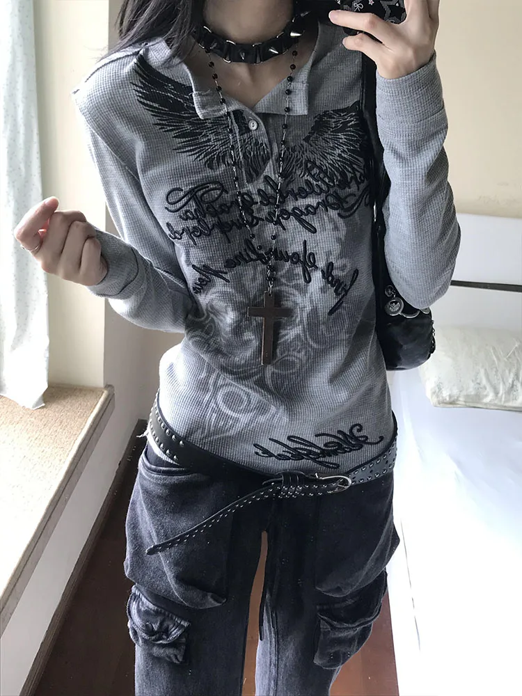 レトロアメリカントーテムプリント Wfle ヘンリーカラー ロングスリーブ Tシャツ レディース 秋 ベースレイヤー イート スパイシーガールトップ