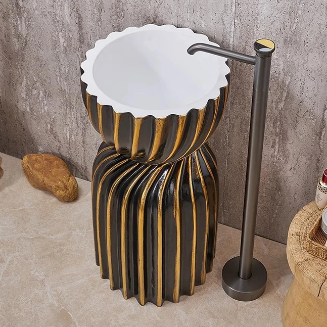 

S*& Luxury Gold and Black Freestanding Column Sink Supplier Artificial Stone Sanitary Wares Uniqure Pedestal Basin for Bathroom