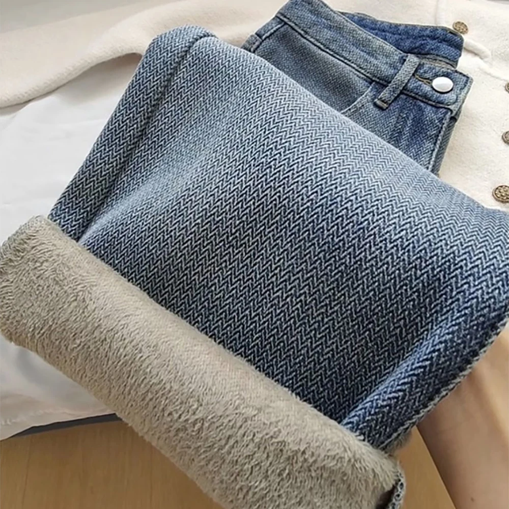 Autumn Winter Thicken Fleece Jeans Women Fashion High Waist Straight Leg Warm Thick Denim Pants Long Solid Commute S-XL Trousers